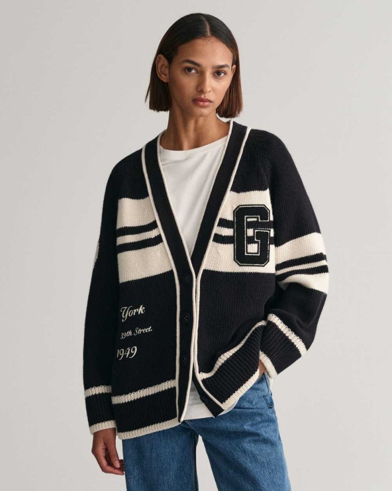 Gant GANT Varsity V-Neck Women\'s Cardigan Ebony Black | FNLHE-1503