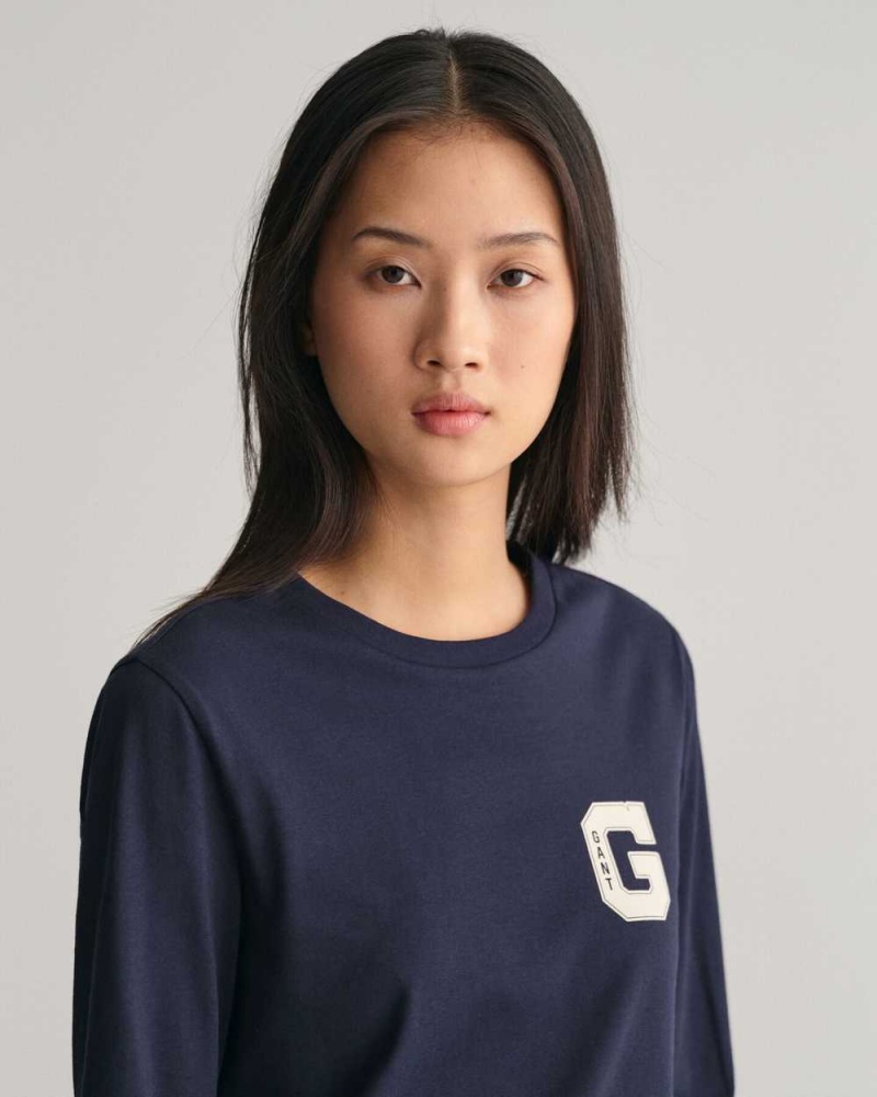 Gant G Crew Neck Long Sleeve Women's T-Shirt Evening Blue | HMKEP-0127