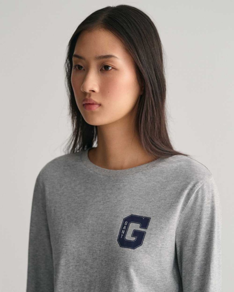 Gant G Crew Neck Long Sleeve Women's T-Shirt Grey Melange | ZMQYN-9073