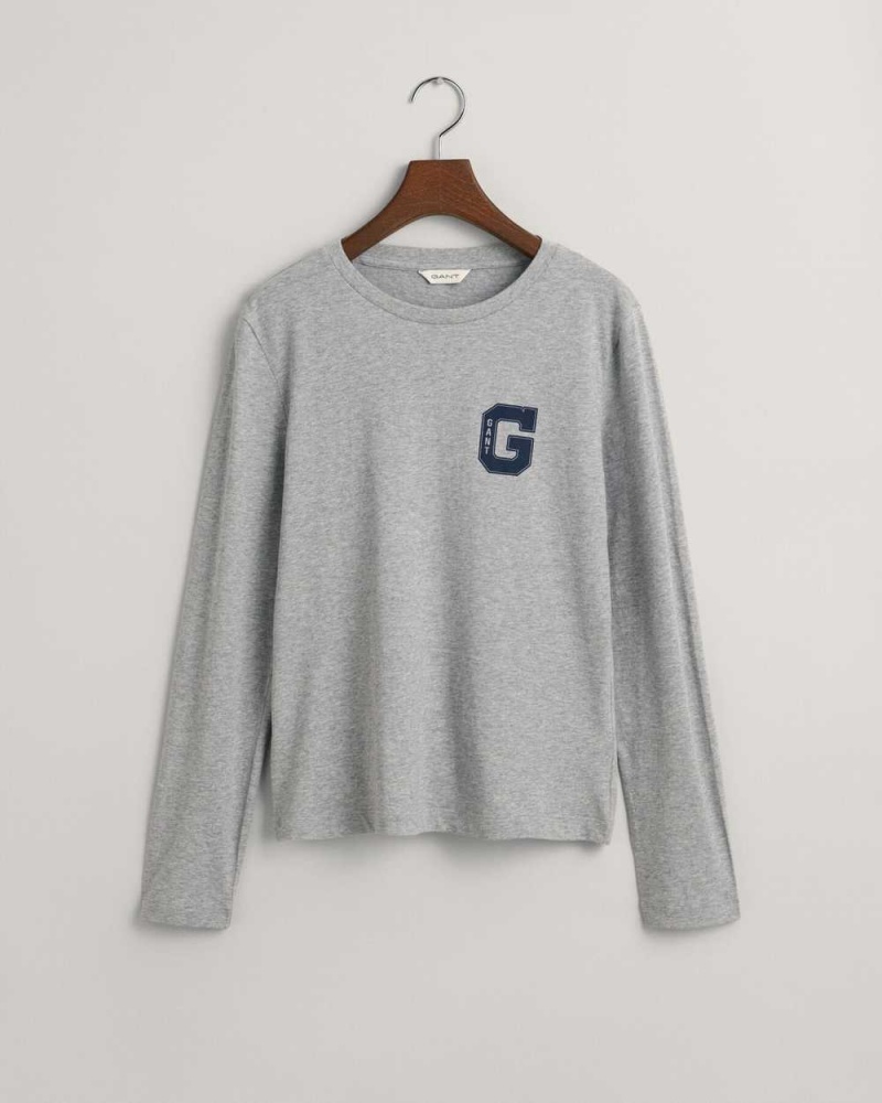 Gant G Crew Neck Long Sleeve Women's T-Shirt Grey Melange | ZMQYN-9073