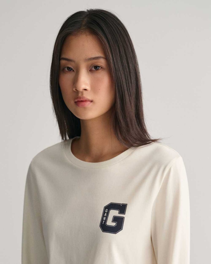 Gant G Crew Neck Long Sleeve Women's T-Shirt Cream | THAOL-4123