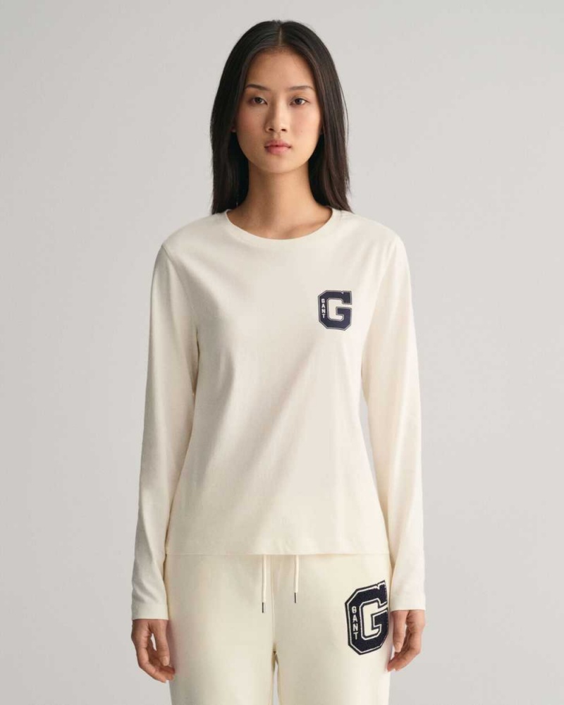 Gant G Crew Neck Long Sleeve Women\'s T-Shirt Cream | THAOL-4123