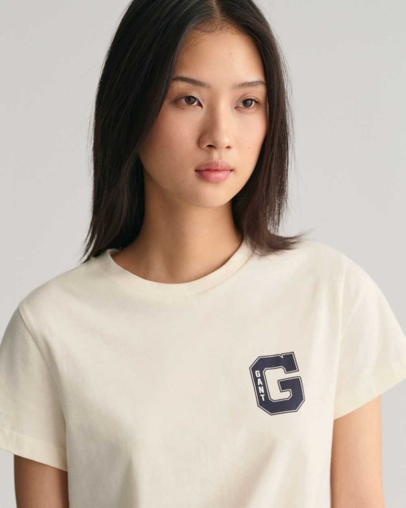 Gant G Crew Neck Women's T-Shirt Cream | RHDZQ-8012