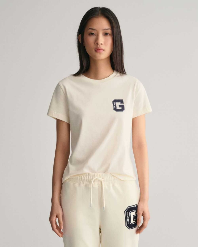 Gant G Crew Neck Women\'s T-Shirt Cream | RHDZQ-8012