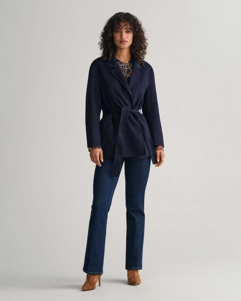 Gant Handstitched Belted Women's Blazer Evening Blue | HJXQT-7643