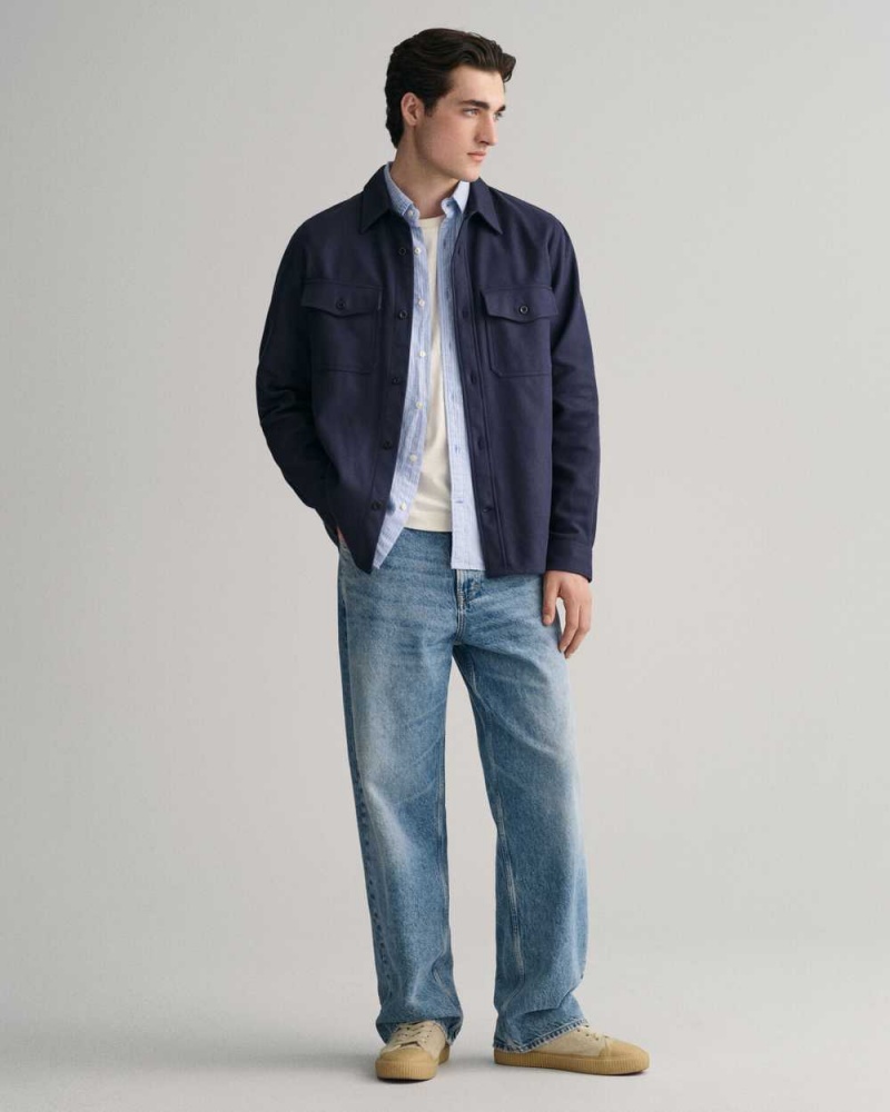 Gant Heavy Twill Over Men's Shirts Marine | WLEOQ-9512