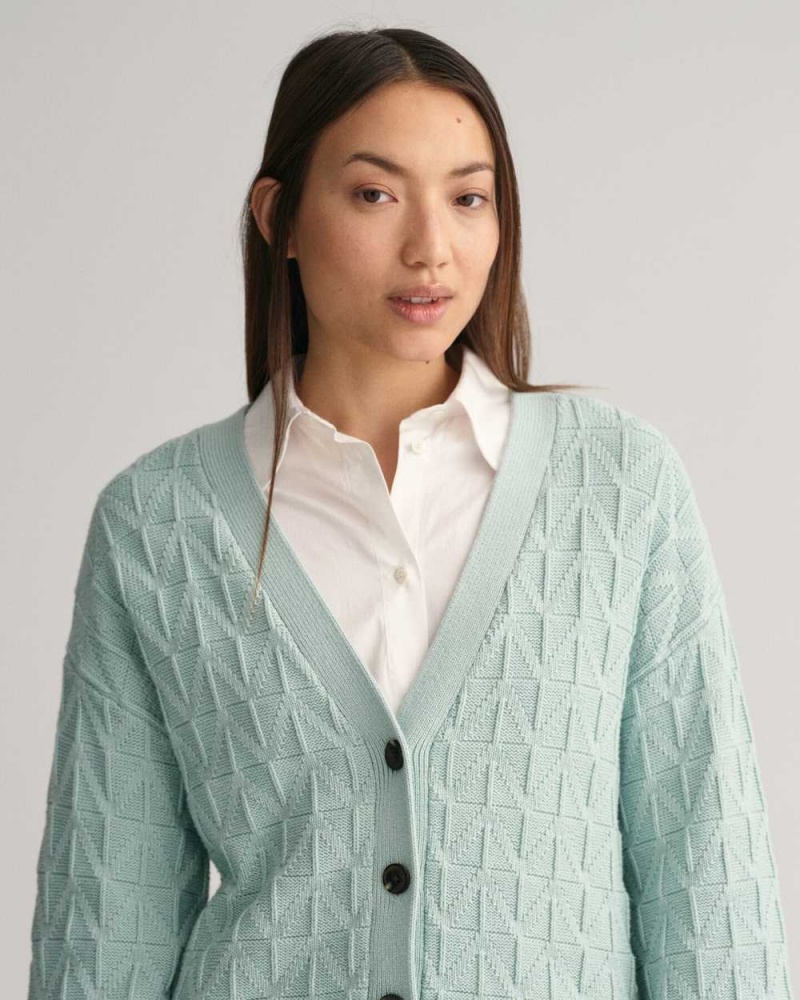 Gant Herringbone V-Neck Women's Cardigan Dusty Turquoise | WTBAF-2946