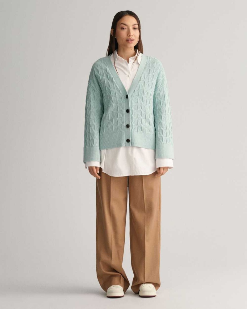 Gant Herringbone V-Neck Women's Cardigan Dusty Turquoise | WTBAF-2946