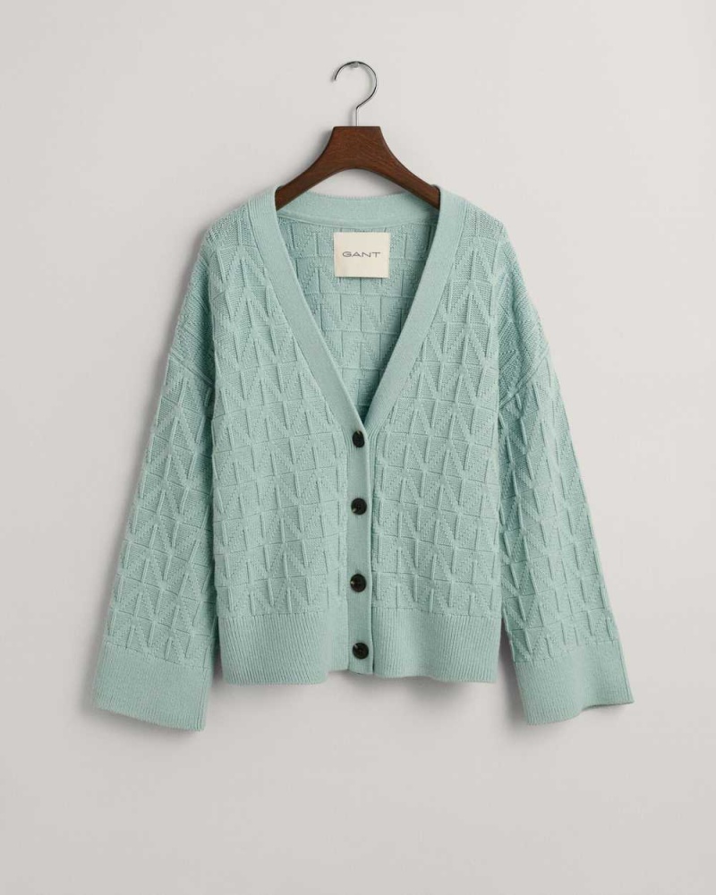 Gant Herringbone V-Neck Women's Cardigan Dusty Turquoise | WTBAF-2946