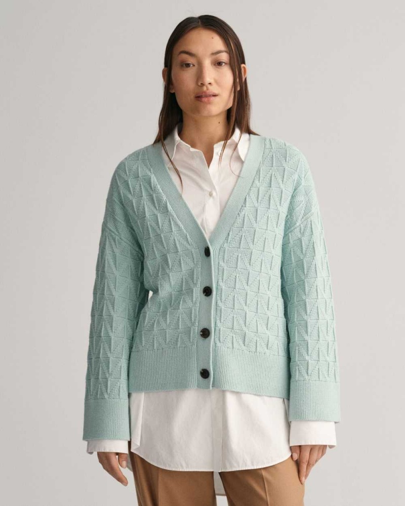 Gant Herringbone V-Neck Women\'s Cardigan Dusty Turquoise | WTBAF-2946