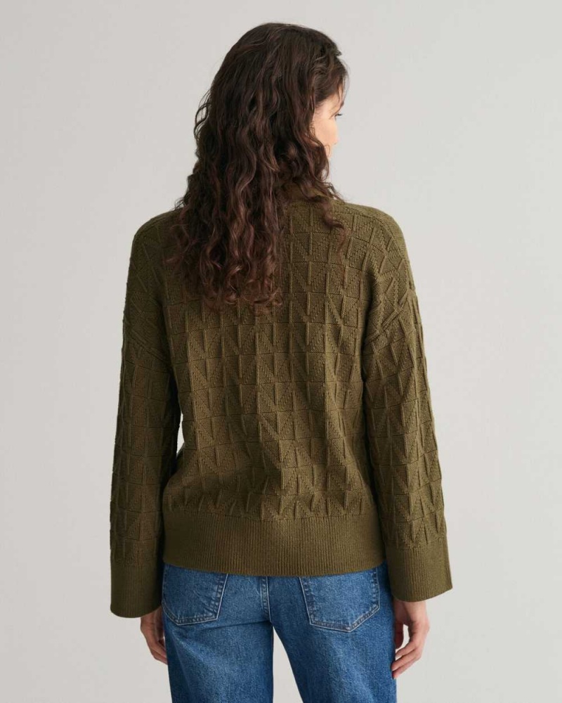 Gant Herringbone V-Neck Women's Cardigan Dark Cactus | OSCKU-4062