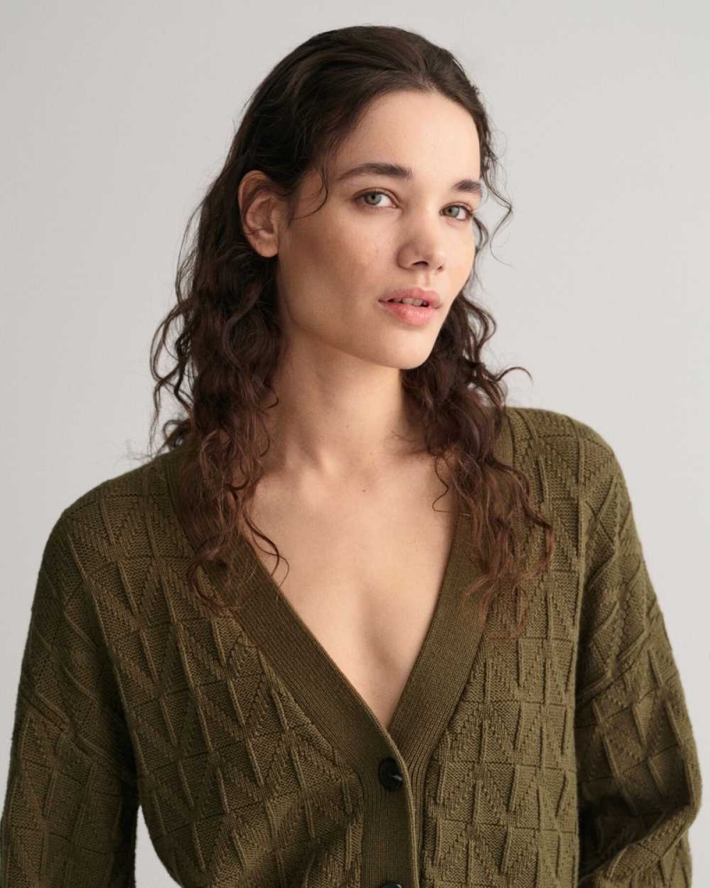 Gant Herringbone V-Neck Women's Cardigan Dark Cactus | OSCKU-4062