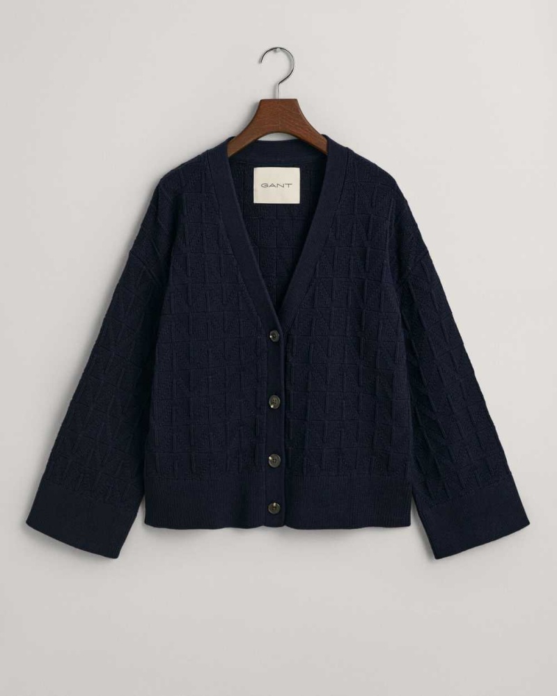 Gant Herringbone V-Neck Women\'s Cardigan Evening Blue | OUPMC-0342