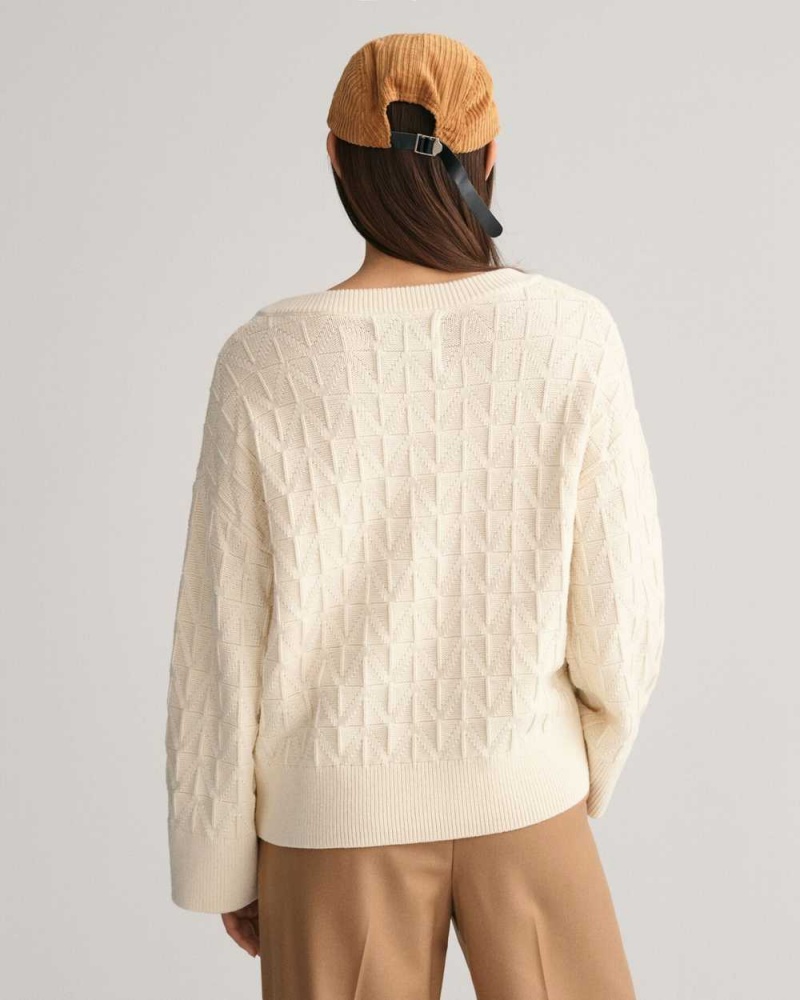 Gant Herringbone V-Neck Women's Sweater Cream | CQHIE-2305