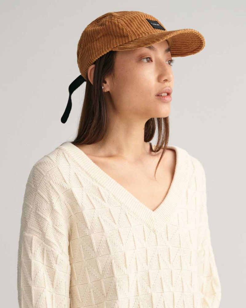 Gant Herringbone V-Neck Women's Sweater Cream | CQHIE-2305