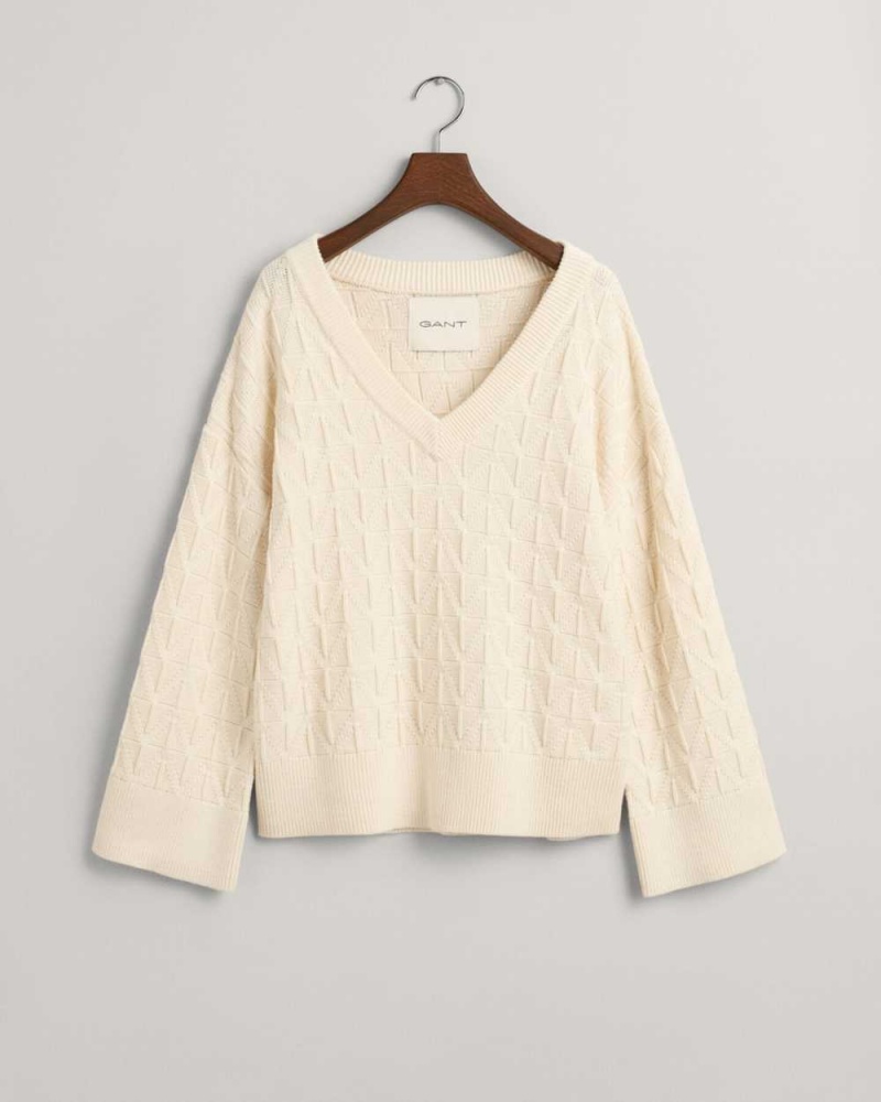 Gant Herringbone V-Neck Women's Sweater Cream | CQHIE-2305