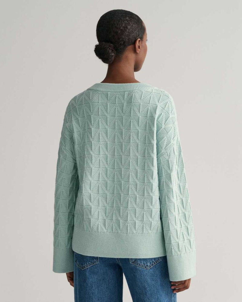 Gant Herringbone V-Neck Women's Sweater Dusty Turquoise | ZCOGT-3401