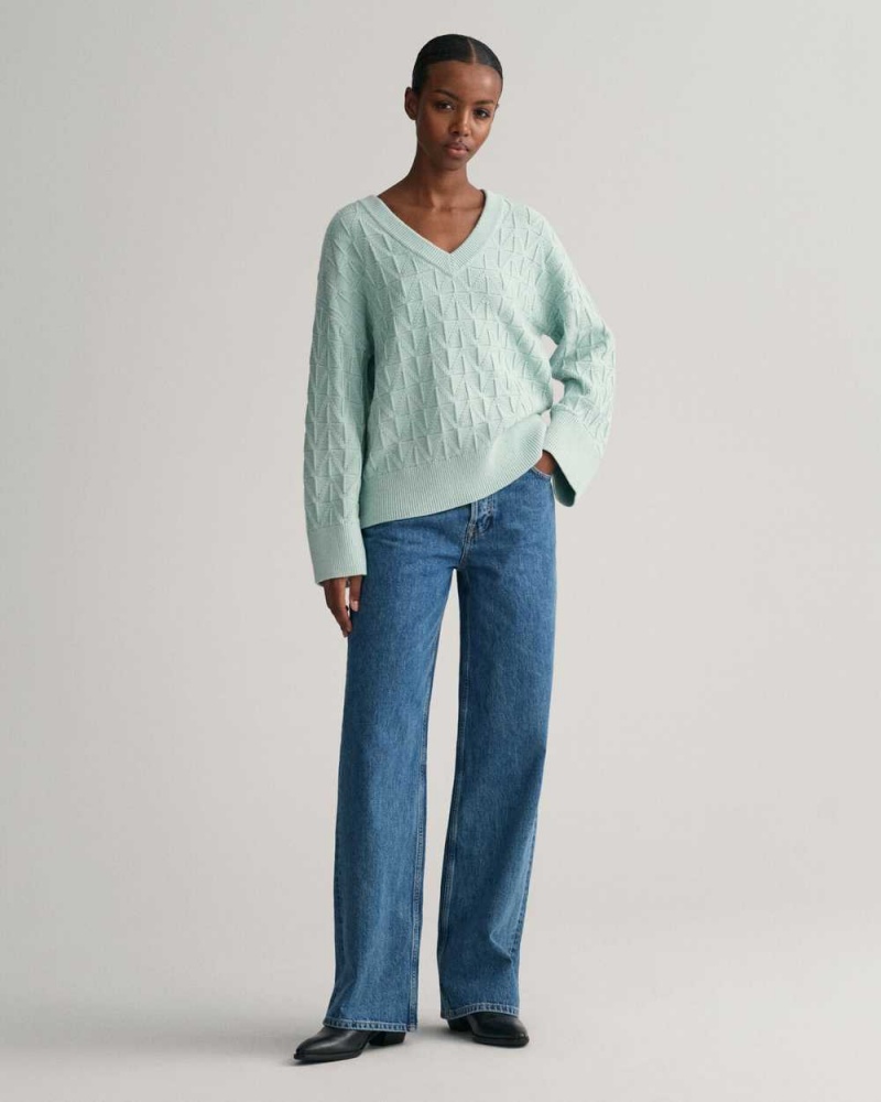 Gant Herringbone V-Neck Women's Sweater Dusty Turquoise | ZCOGT-3401