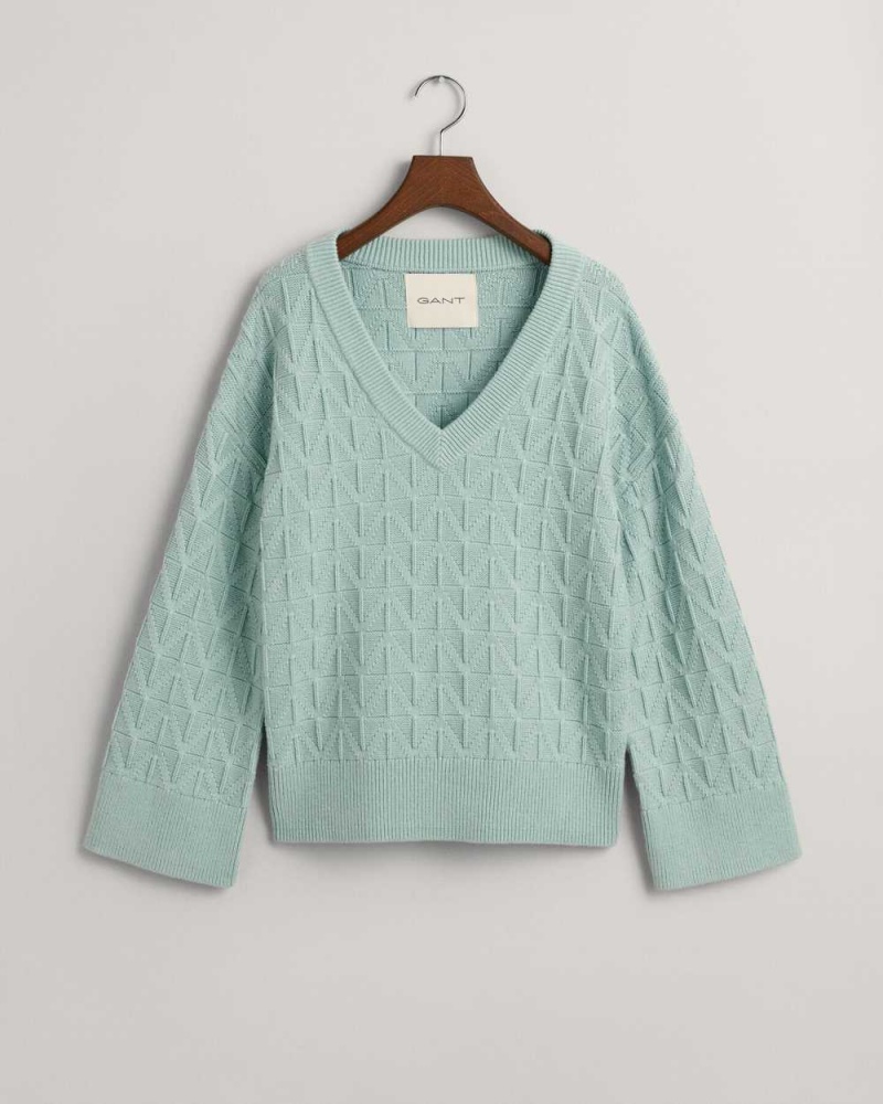 Gant Herringbone V-Neck Women's Sweater Dusty Turquoise | ZCOGT-3401