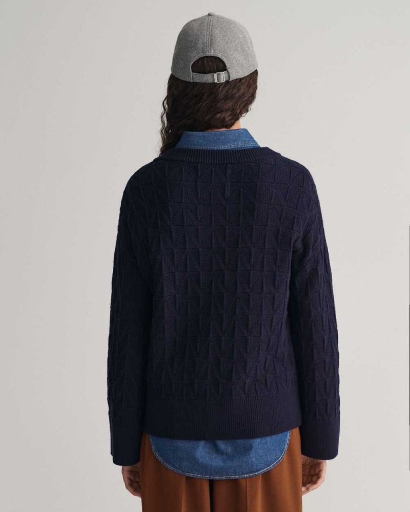 Gant Herringbone V-Neck Women's Sweater Evening Blue | INVFH-9147