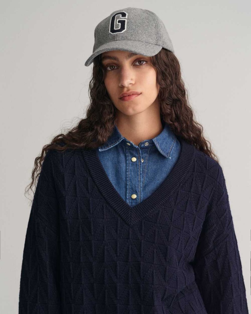 Gant Herringbone V-Neck Women's Sweater Evening Blue | INVFH-9147