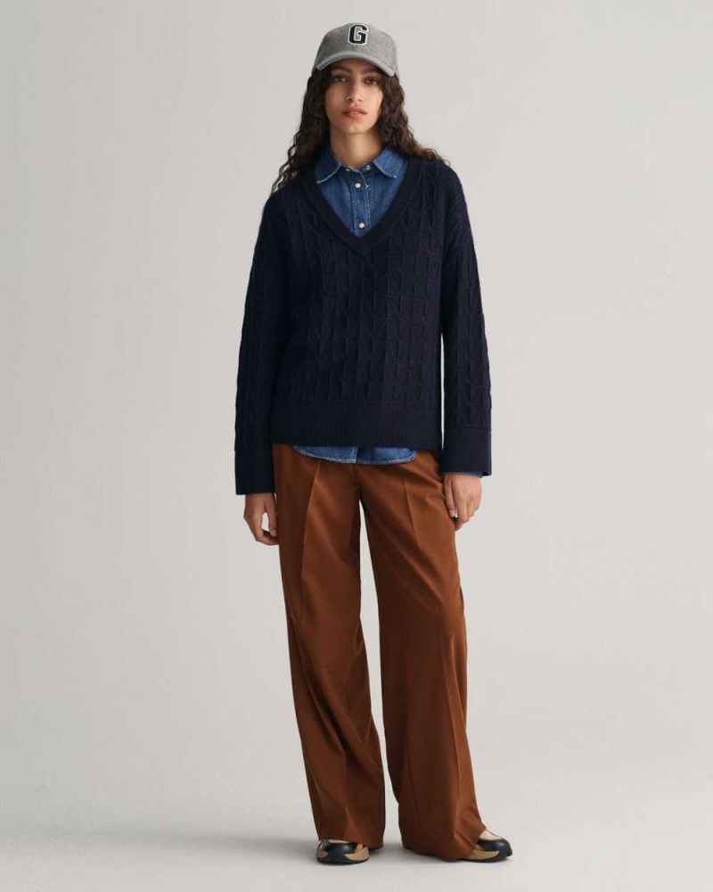 Gant Herringbone V-Neck Women's Sweater Evening Blue | INVFH-9147