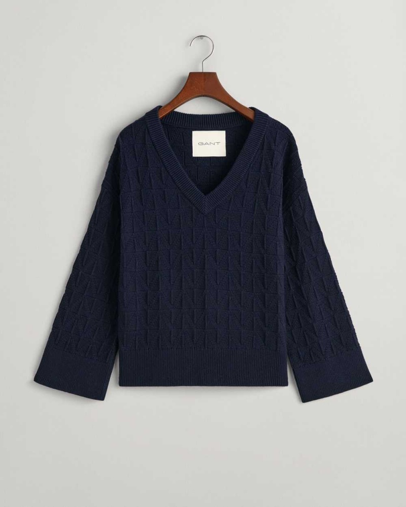 Gant Herringbone V-Neck Women's Sweater Evening Blue | INVFH-9147