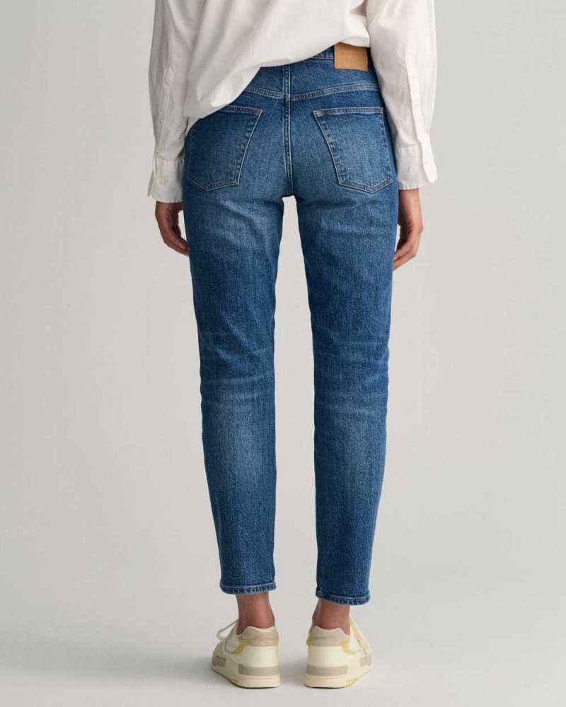 Gant High-Waisted Straight Cropped Women's Jeans Mid Blue Broken In | ZDOVM-2815