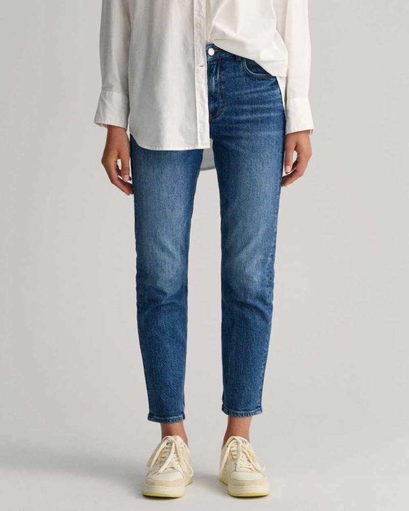 Gant High-Waisted Straight Cropped Women's Jeans Mid Blue Broken In | ZDOVM-2815