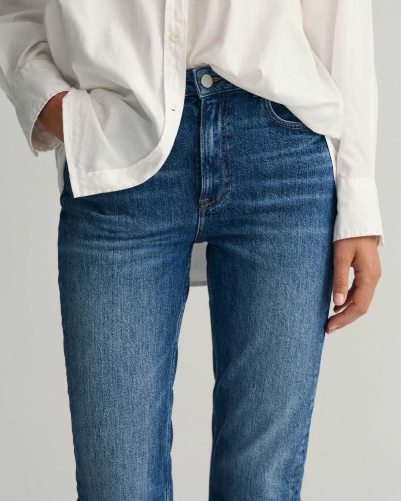 Gant High-Waisted Straight Cropped Women's Jeans Mid Blue Broken In | ZDOVM-2815