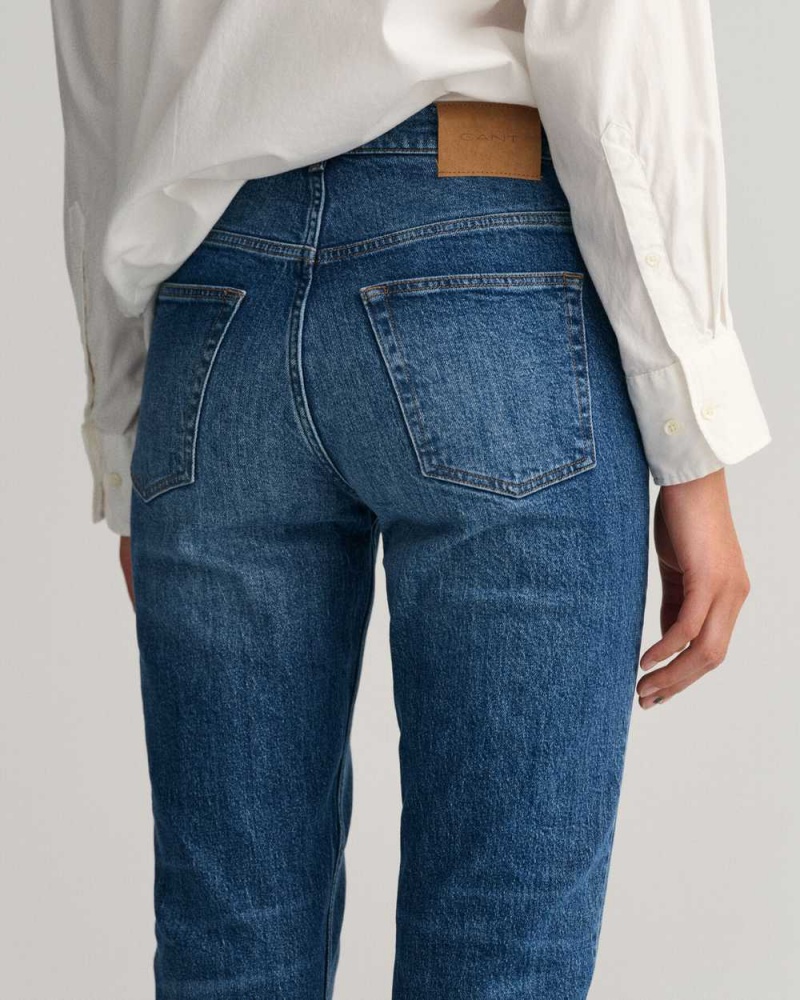 Gant High-Waisted Straight Cropped Women's Jeans Mid Blue Broken In | ZDOVM-2815