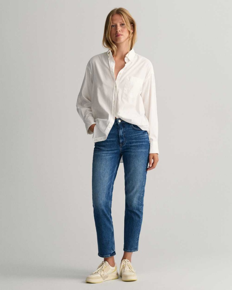 Gant High-Waisted Straight Cropped Women's Jeans Mid Blue Broken In | ZDOVM-2815