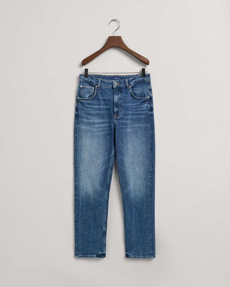 Gant High-Waisted Straight Cropped Women's Jeans Mid Blue Broken In | ZDOVM-2815