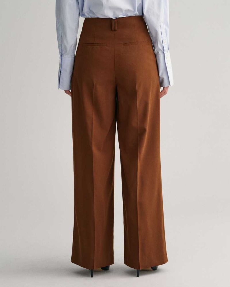 Gant High-Waisted Wide Leg Pleated Women's Pants Chocolate Brown | BAUYO-5471