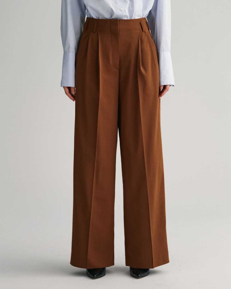 Gant High-Waisted Wide Leg Pleated Women's Pants Chocolate Brown | BAUYO-5471