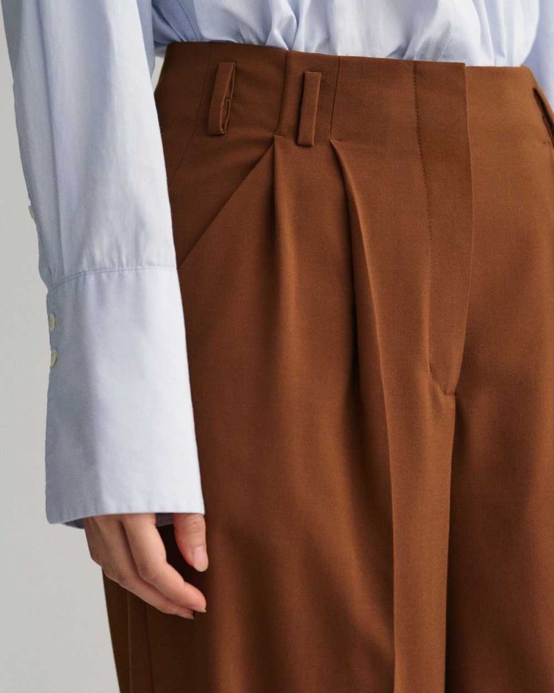 Gant High-Waisted Wide Leg Pleated Women's Pants Chocolate Brown | BAUYO-5471