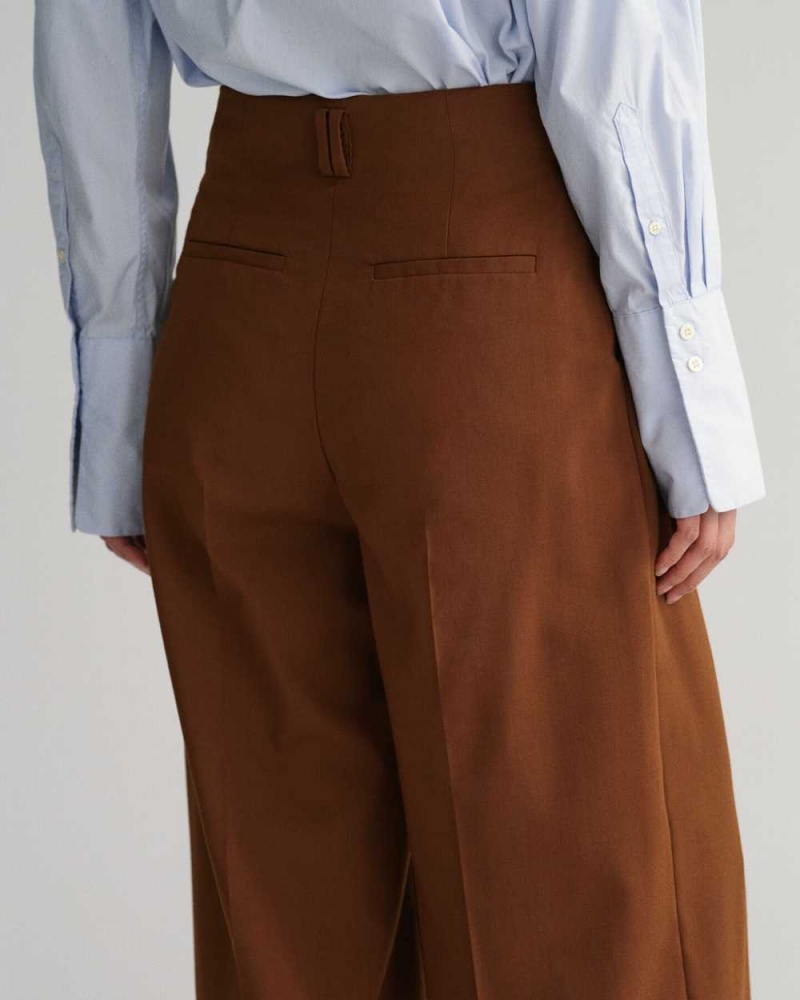 Gant High-Waisted Wide Leg Pleated Women's Pants Chocolate Brown | BAUYO-5471