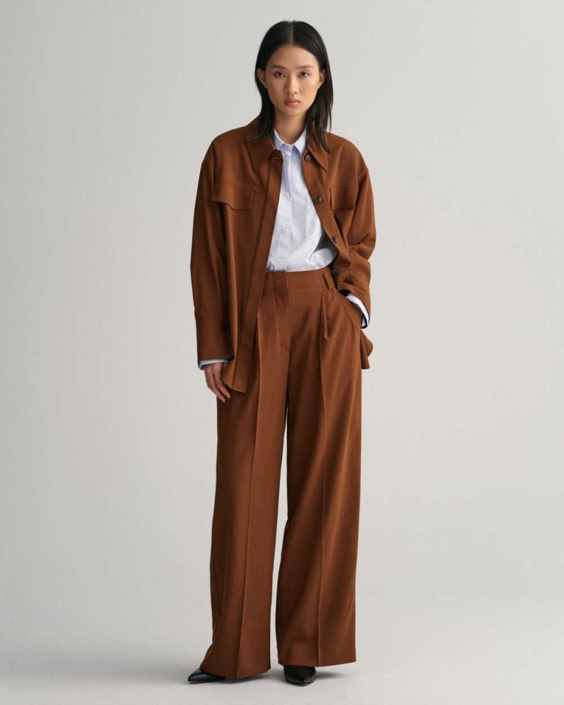 Gant High-Waisted Wide Leg Pleated Women's Pants Chocolate Brown | BAUYO-5471