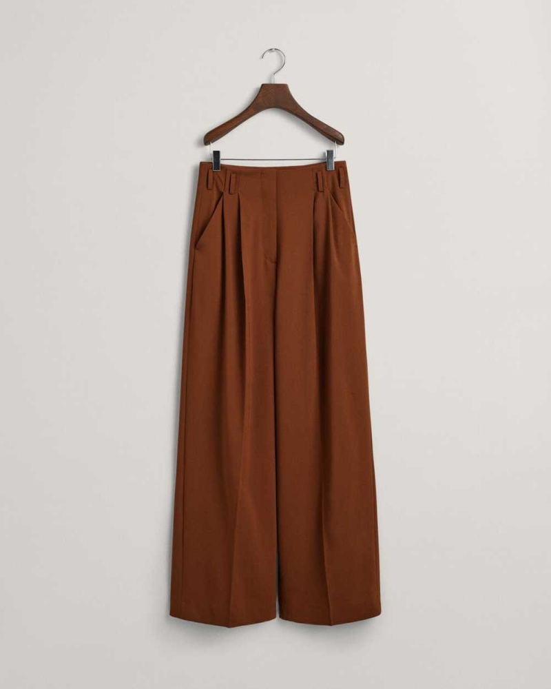 Gant High-Waisted Wide Leg Pleated Women's Pants Chocolate Brown | BAUYO-5471