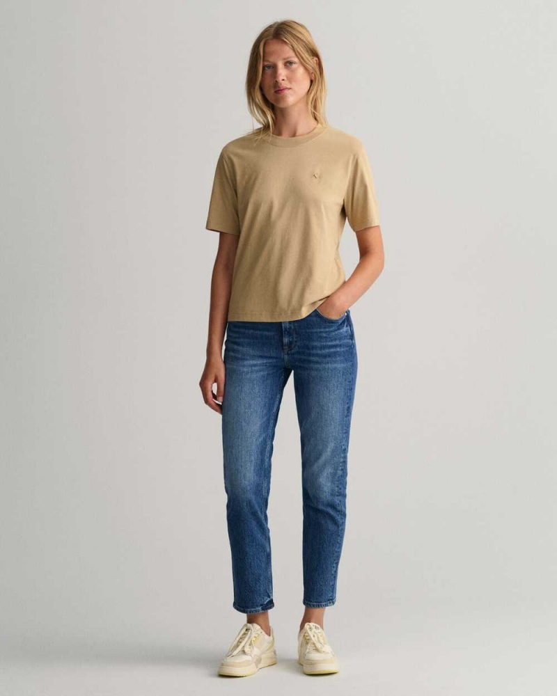 Gant Icon G Essential Women's T-Shirt Dark Khaki | LVCSO-2739