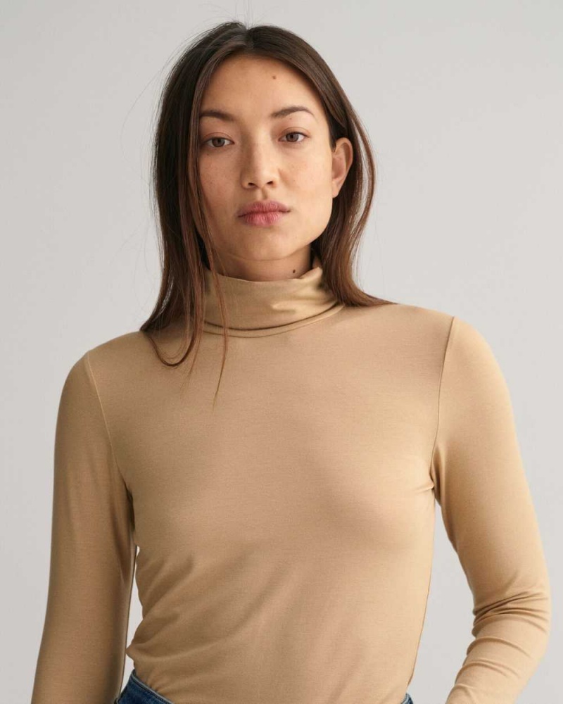 Gant Jersey Long Sleeve Turtleneck Women's Sweater Dark Khaki | CLXER-6501