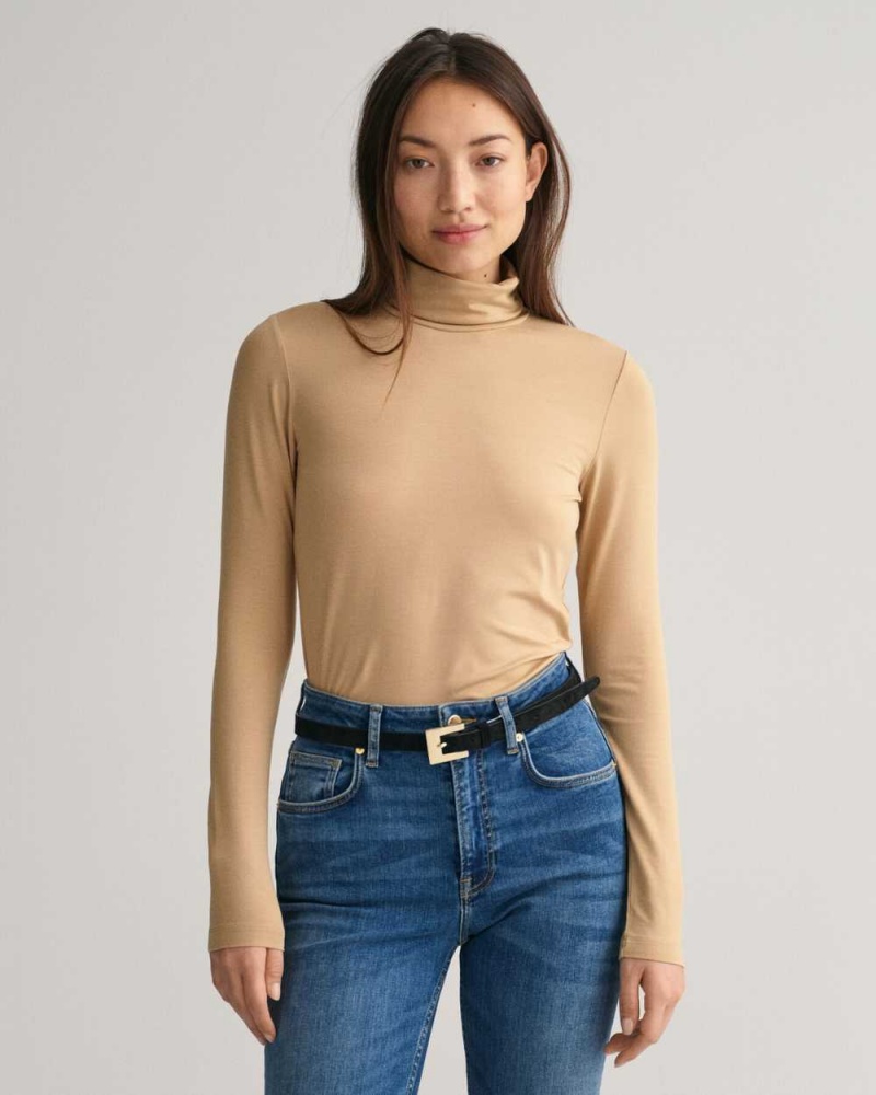 Gant Jersey Long Sleeve Turtleneck Women\'s Sweater Dark Khaki | CLXER-6501