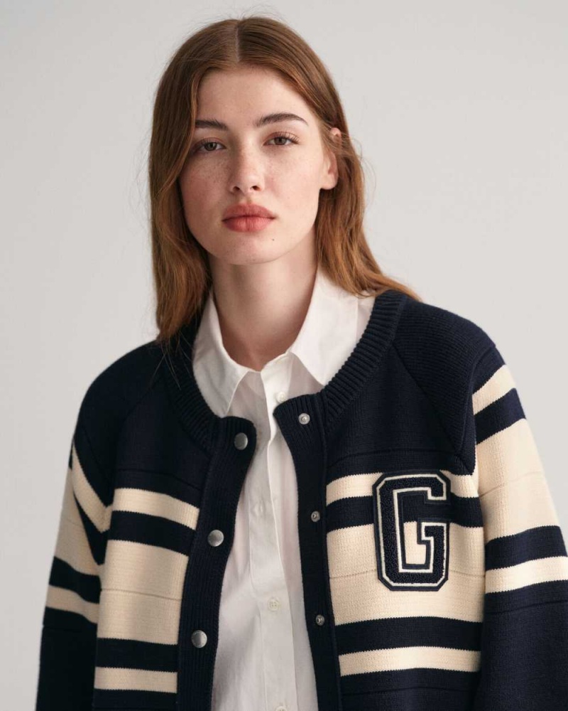 Gant Knitted GANT Varsity Women's Cardigan Evening Blue | BRKVP-4560