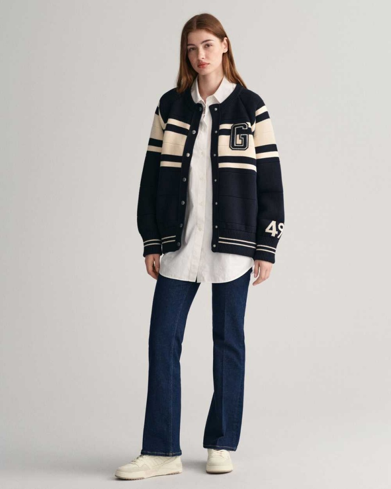 Gant Knitted GANT Varsity Women's Cardigan Evening Blue | BRKVP-4560