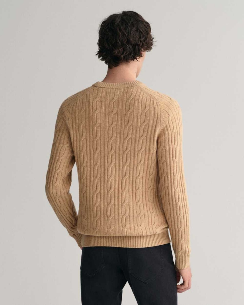 Gant Lambswool Cable Knit Crew Neck Men's Sweater Khaki Melange | FZQBN-9741