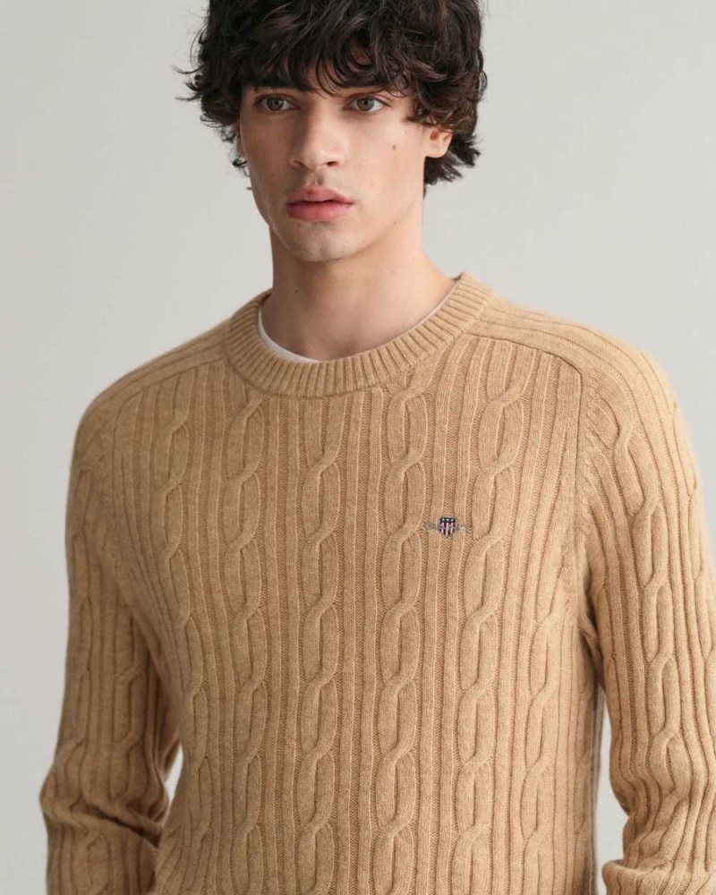 Gant Lambswool Cable Knit Crew Neck Men's Sweater Khaki Melange | FZQBN-9741