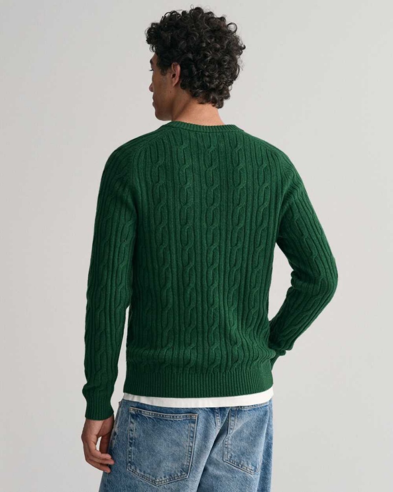 Gant Lambswool Cable Knit Crew Neck Men's Sweater Forest Green | ELYRK-8764