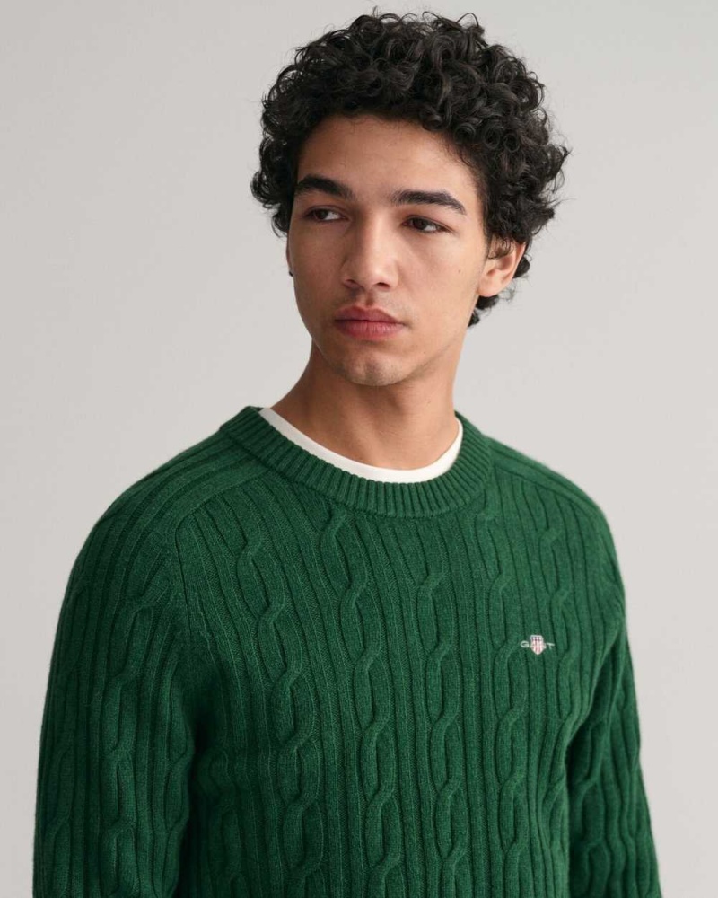 Gant Lambswool Cable Knit Crew Neck Men's Sweater Forest Green | ELYRK-8764