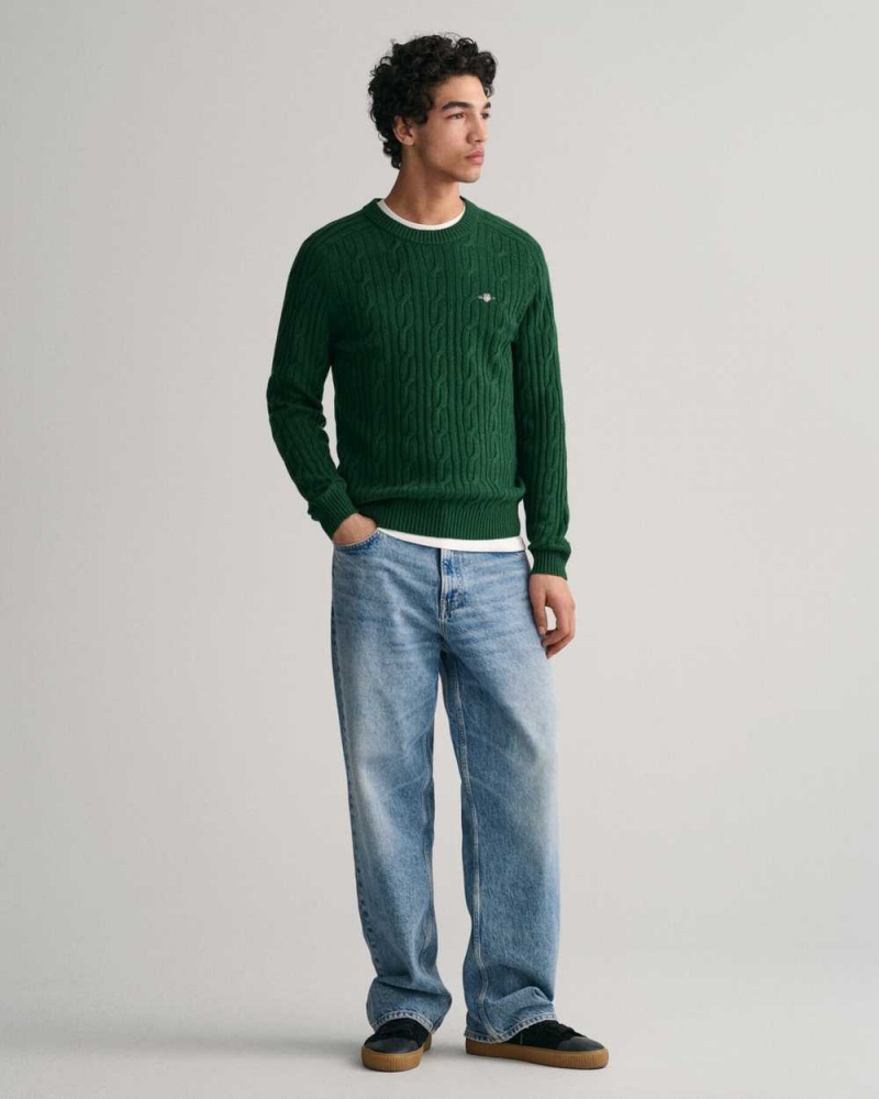 Gant Lambswool Cable Knit Crew Neck Men's Sweater Forest Green | ELYRK-8764