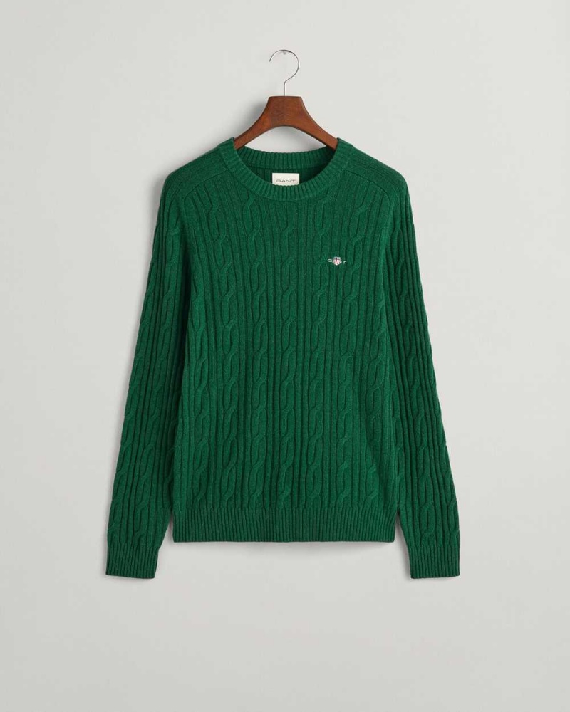 Gant Lambswool Cable Knit Crew Neck Men's Sweater Forest Green | ELYRK-8764